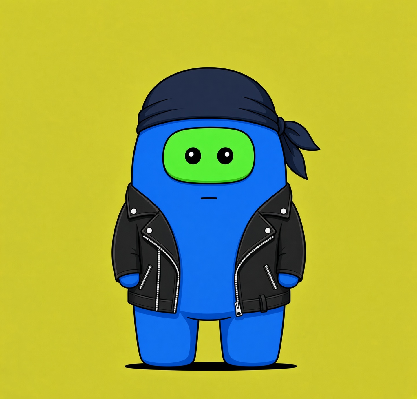 Blue LilBud with a green face wearing a bandana and leather jacket